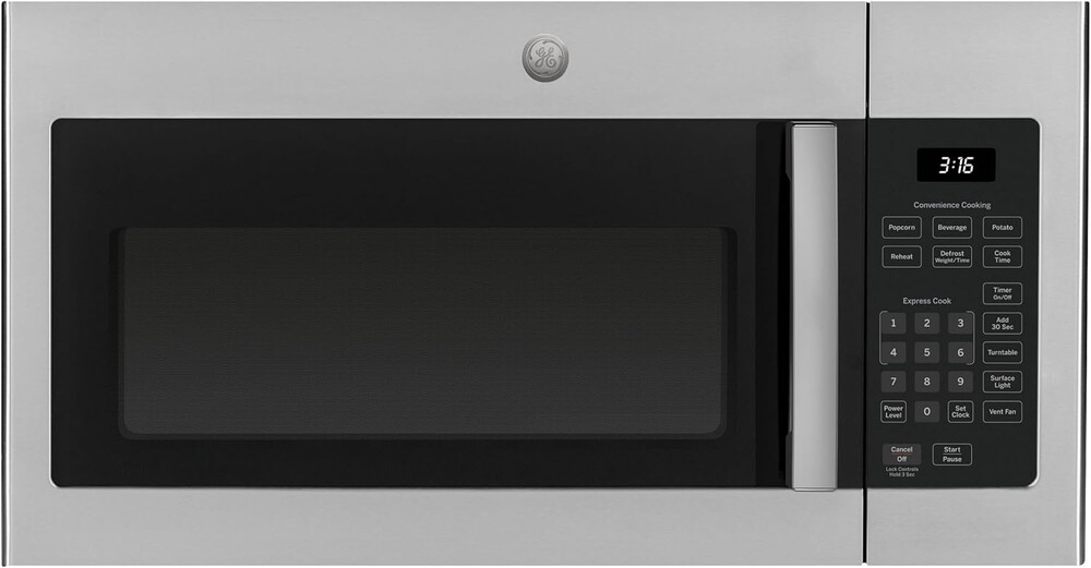 GE 30" Over-the-Range Microwave, 1.6 Cu. Ft., 1000 Watts, 300 CFM Hood Vent, LED Lighting, Auto Defrost, Easy Mount Install, Stainless Steel, JVM3160RFSS