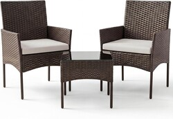 Sweetcrispy 3 Piece Patio Furniture Set, All-Weather Outdoor Conversation Set with Removable Cushions & Tempered Glass Table, Small Bistro Set for Balcony, Porch, Backyard, Deck, Brown