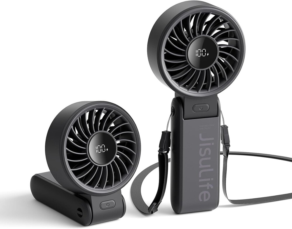 JISULIFE Handheld Fan Life7 – Ultimate Flexibility: Wide & Strong Airflow, 13H Max Cooling, 3600mAh Rechargeable, 5-Speed, LED Display, 3 IN 1 Portable Fan for Travel, Concerts, Sports Events(Black)