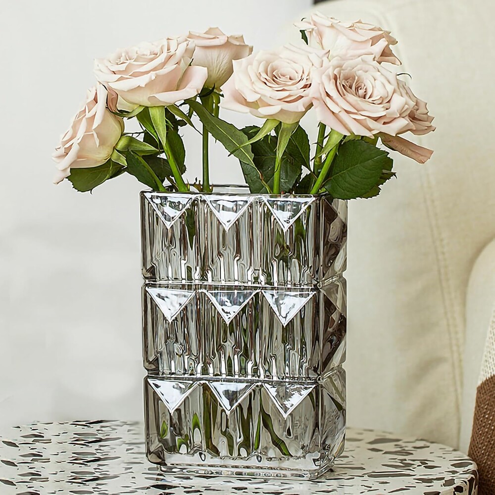 Gray Crystal Flower Vase Heavyweight Smoked Glass Centerpiece Modern Dark Vases for Living Room Industrial Home Decor Spotless Finish 5.1x3.11x7.88 in 1 Pc