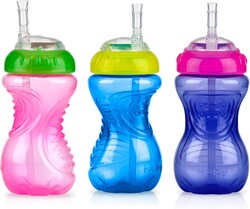 Nuby No-Spill Soft Straw Easy Grip Sippy Cup for Girls - (3-Pack) 10 Oz - 12+ Months