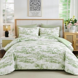 Green Comforter Set Full Size 7 Pieces, Elegant French Toile Botanical Bed in a Bag, Soft Microfiber Farmhouse Complete Bedding Set for All Season