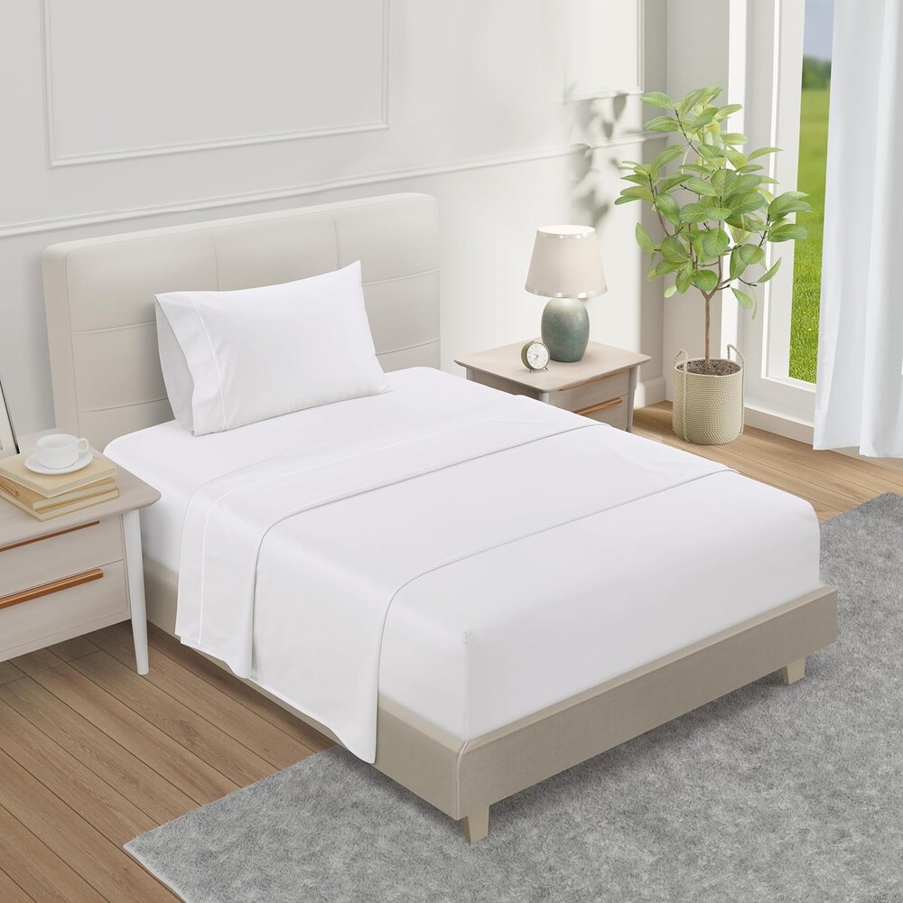 100% Egyptian Cotton Twin Sheets Set, 800TC Sateen Weave 3 Piece Twin Bed Sheets, Fully Elasticated 15" Deep Pocket Sheet & Pillowcase Sets, Soft & Comfy No lint Machine Washable - White