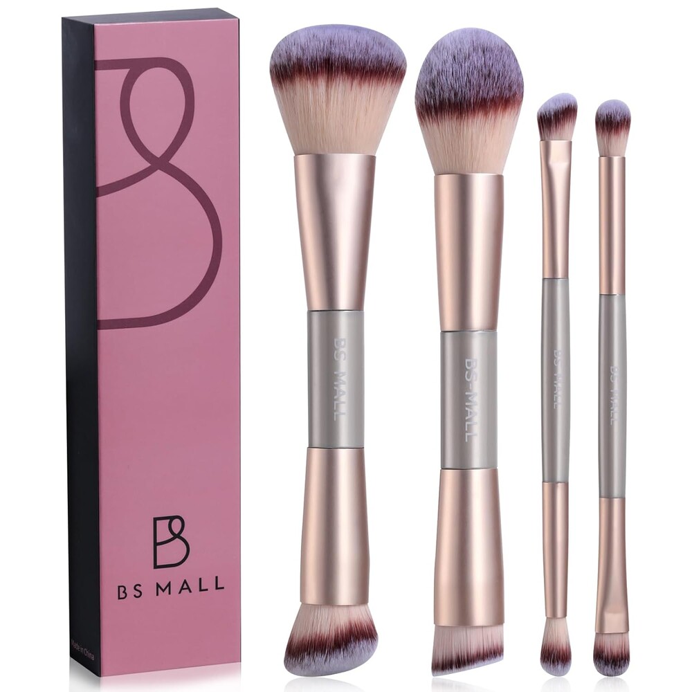 BS-MALL 4 Pcs Portable Double-ended Makeup Brush Set - Luxury Eyeshadow Brush, Concealer Brush, Blush brush & Foundation brush for Lightweight Multi-purpose Daily Use (Champagne Gold)