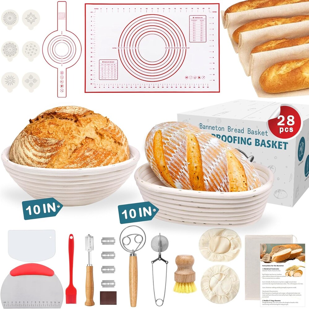 Aliggbent 28Pcs Sourdough Bread Baking Supplies, 10'' Round & 10'' Oval Banneton Bread Proofing Baskets with Liners, Starter Bread Making Tools Kit Proofing Bowls for Sourdough Rising and Baking