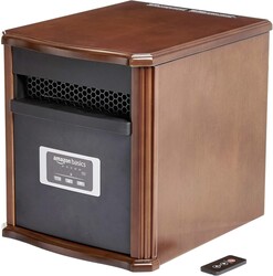 Amazon Basics Portable Space Heater with Remote Control, Adjustable Thermostat, Indoor Use, Energy-Saving Setting, LED Display, Classic Wood Casing, 1500W, 12"D x 13"W x 16"H, Brown
