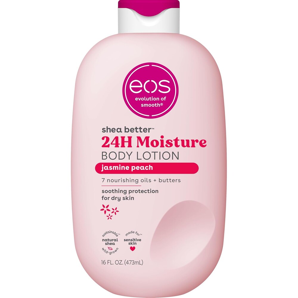 eos Shea Better Body Lotion Jasmine Peach, 24-Hour Moisture Skin Care, Lightweight & Non-Greasy, Natural Shea, Vegan, 16 fl oz