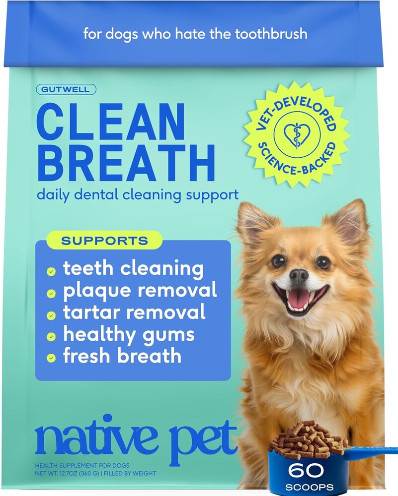 Native Pet GutWell Clean Breath - Dog Breath Freshener & Dog Teeth Cleaning Powder Cold-Pressed to Reduce Plaque, Tartar & Promote Oral Health with Triple-Biotic Blend, Brown Algae & Zinc - 60 Scoops
