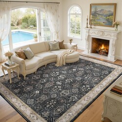5x7 Area Rug for Living Room, Washable Vintage Small Rug, Soft Low Pile Non Slip Distressed Carpet for Bedroom Dining Room Nursery Home Office, Black Grey