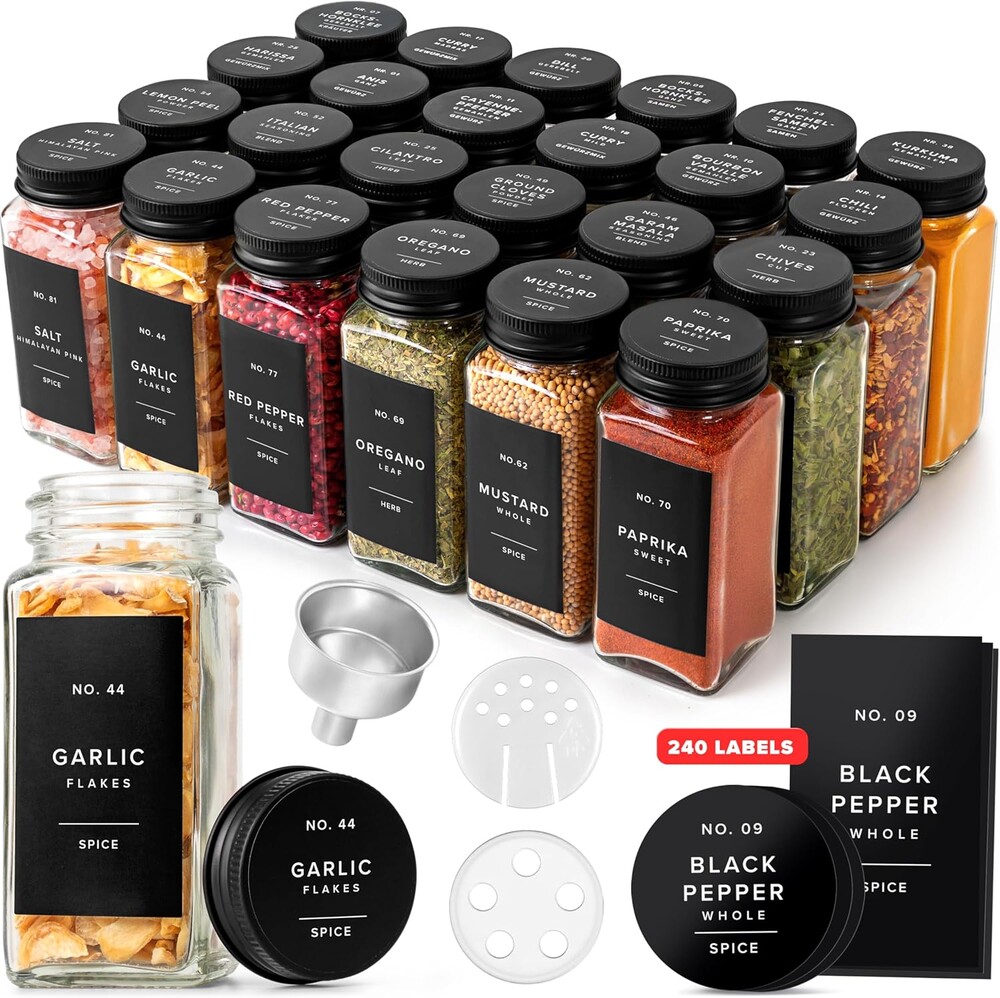 EDELHAUS Glass Spice Jars with Label and Black Aluminium Lids (24 x 4oz) Spice Containers with 240 Labels, Shaker Inserts, Steel Funnel, Empty Square Seasoning Organizer (Black Aluminium Lid)