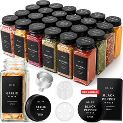 EDELHAUS Glass Spice Jars with Label and Black Aluminium Lids (24 x 4oz) Spice Containers with 240 Labels, Shaker Inserts, Steel Funnel, Empty Square Seasoning Organizer (Black Aluminium Lid)