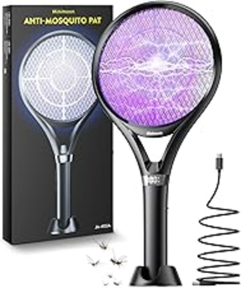 Minimoon Electric Fly Swatter with LED Display, 2000mAh Rechargeable Fly Swatter Racket, 2500V Bug Zapper Racket Dual Modes, Mosquito Killer Lamp with 3 Layers Safety Mesh for Indoor Outdoor Camping
