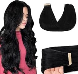 GOO GOO Tape in Hair Extensions Human Hair, 1 Jet black, 20inch 50g 20pcs, Skin Weft Seamless Invisible, Silky Straight with Thick Ends, Remy Human Hair