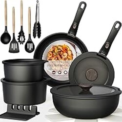 Astercook 21 Pcs Pots and Pans Set Non Stick, Ceramic Cookware Set Detachable Handle, RV Kitchen Cooking Set Removable Handles, Oven Safe, Induction Ready, Stackable, Black, Mothers Day Gifts