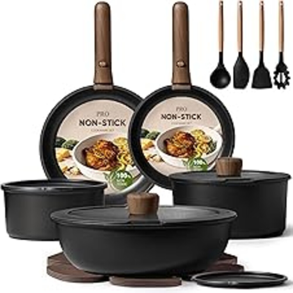 CAROTE 19pcs Pots and Pans Non Stick, Cookware Sets Detachable Handle, Induction Kitchen Pots and Pans,NonStick Cooking Set, Oven/Dishwasher/Fridge Safe, Space Saving