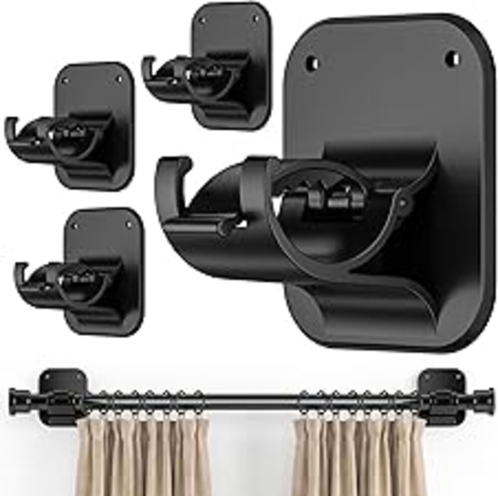 No Drill Curtain Rod Brackets - 20LB, 4 Pack Self Adhesive Curtain Rod Holder, Peel and Stick Wall Hooks, Renter Friendly Upgrades for Apartment, Kitchen, Bathroom, Dorm, Living Room and RV