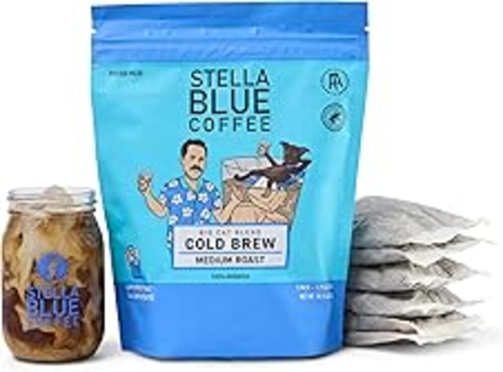 Stella Blue Cold Brew Coffee Bags, Big Cat Blend, Medium Roast Ground Coffee, Smooth, Bold and Refreshing 100% Arabica, 6 Brew Packets, Makes 24 Cups, Rainforest Alliance Certified