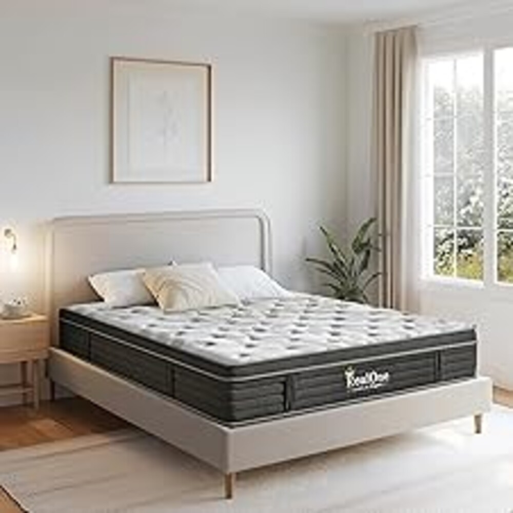 REALONE Queen Size Mattress,12 Inch Hybrid Mattress in a Box with Memory Foam and Pocket Springs,Medium Firm for Pressure Relief,Edge Support,Gray Black