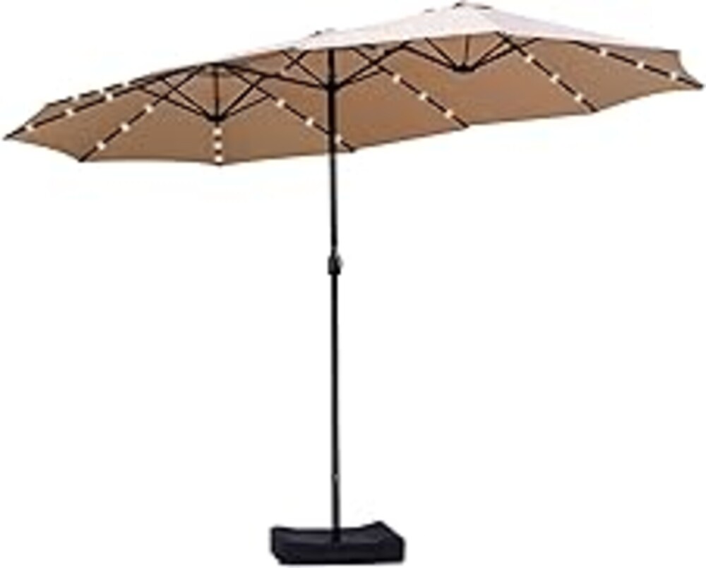 15ft Double Sided Patio Umbrella with Solar Lights, Outdoor Large Umbrellas with Crank Handle and 36 LED Lights, Rectangular Market Umbrella with Base Included for Deck Pool Shade (With Base)