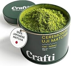 Crafti Ceremonial Grade Matcha Powder (Organic) - Unsweetened Authentic Japanese Daily Matcha Green Tea Powder from Uji, Kyoto for Barista-Grade Lattes (30g / 1.06oz)