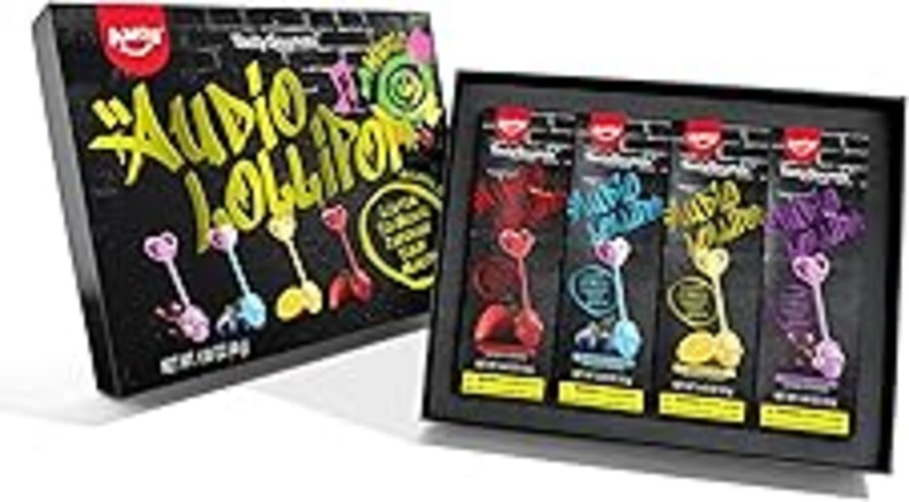 AMOS Music Lollipop Candy Suckers – TastySounds Audio Hip Hop Singing Lollipop, Assorted Fruit Flavors, Sugar-Free, Low-Calorie Snack, 4-Pack Gift Box