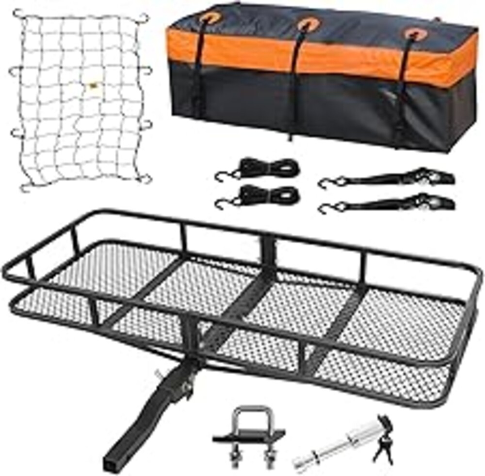 WEIZE Folding Hitch Mount Cargo Carrier Basket 60" x 20" x 6" with Waterproof Bag, Net, Strap, 2-Inch Folding Shank, 500 lbs Capacity Hitch Rack, Steel Construction