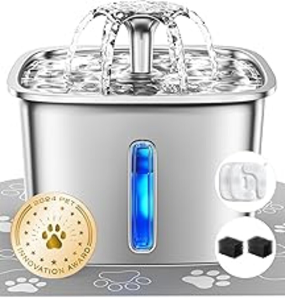 Veken Innovation Award Winner Stainless Steel Cat Water Fountain, 95oz/2.8L Automatic Pet Fountain Dog Water Dispenser with Replacement Filters & Silicone Mat, Gifts for Cats, Dogs (Silver)