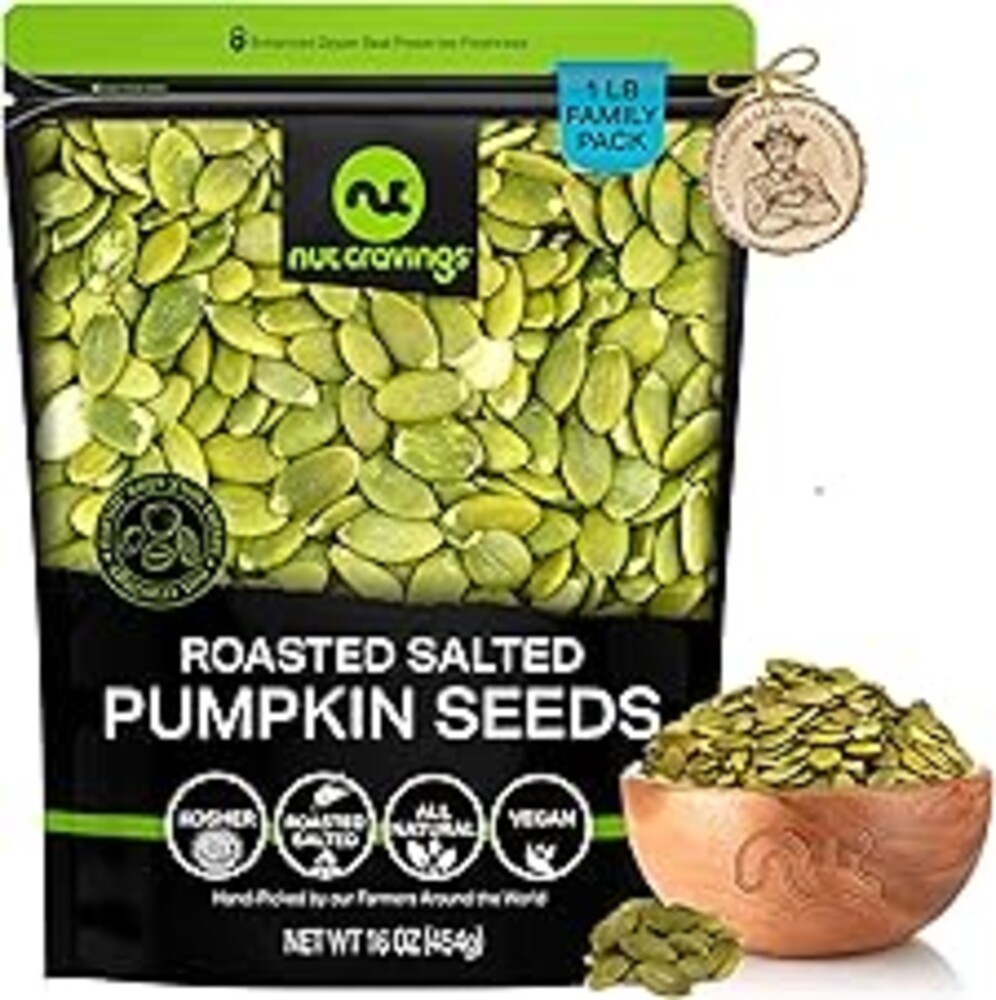 NUT CRAVINGS - Roasted & Salted Pumpkin Seeds, Pepitas, No Shell (16oz - 1 LB) Packed Fresh in Resealable Bag - Nut Snack - Food Assortments