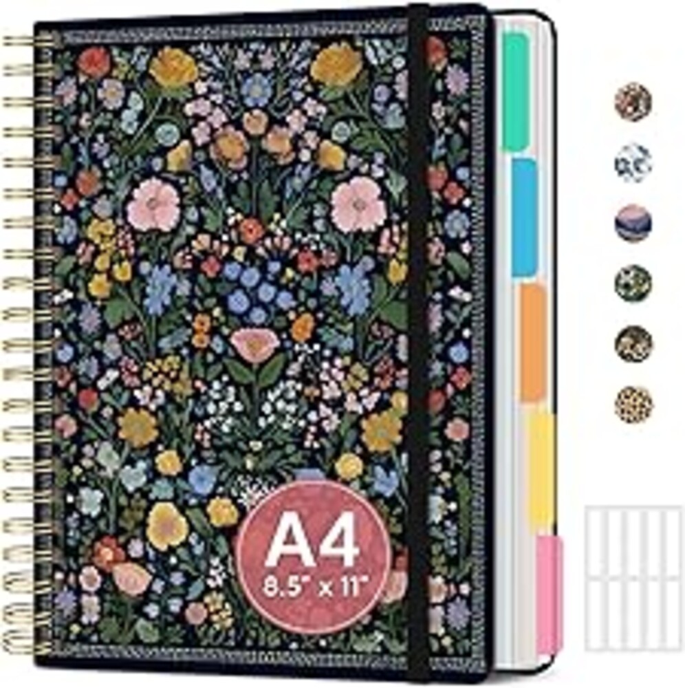 Large Lined Spiral Journal for Women Cute Hardcover 5 Subject Notebook for Work 8.5" x 11" with Removable Dividers & Tabs, College Ruled, 280 Pages Aesthetic Journal for Work, School & Note Taking, Garden of Whimsy