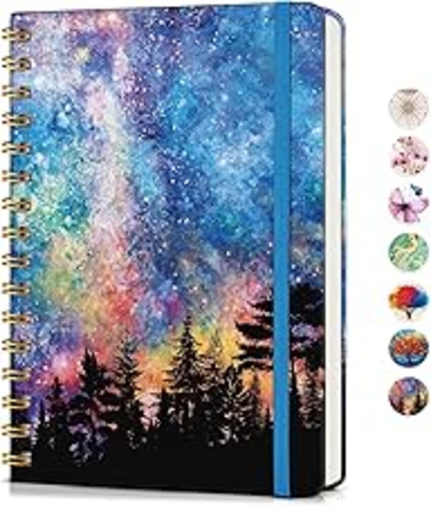 Lined Spiral Journal Notebook for Women, A5 Cute Hardcover Spiral Journals for Writing, 150 Pages Pretty College Ruled Notebooks for Work & Note Taking, 5.75" x 8.38", Forest Under a Starry Sky