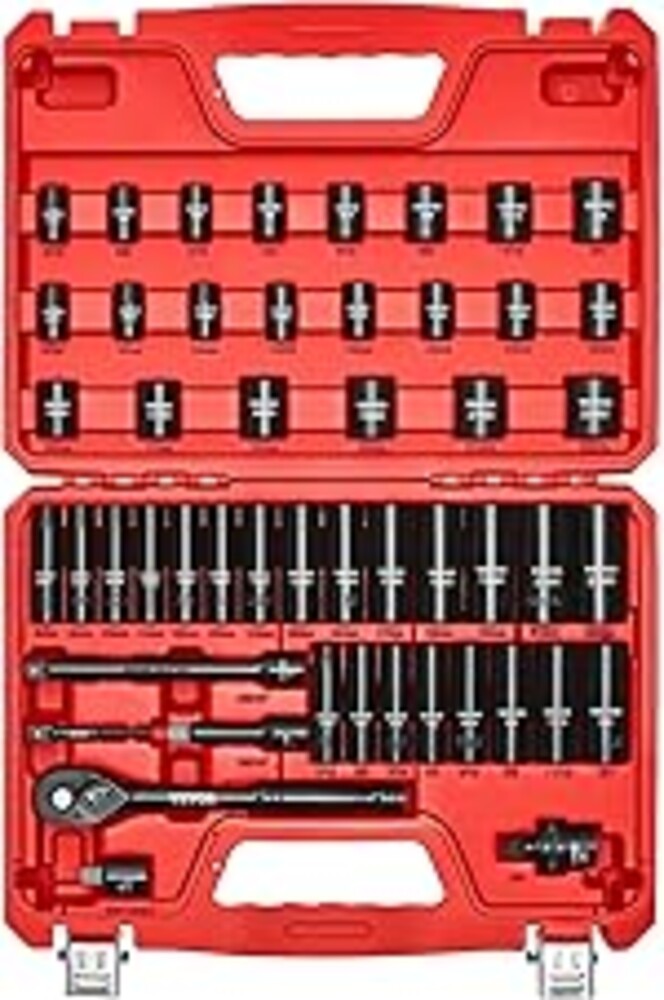 VEVOR 3/8" Drive Impact Socket Set, 50-Piece Standard SAE (5/16 to 3/4 inch) & Metric (8-22 mm) Size, Deep & Shallow, 6 Point, CR-V, Ratchet Handle, Extension Bars, Universal Joint, Reducer, Adapter