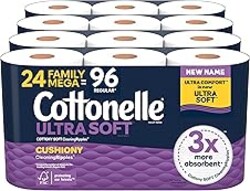 Cottonelle Ultra Soft Toilet Paper with Cushiony CleaningRipples Texture, Strong Bath Tissue, 24 Family Mega Rolls = 108 Regular Rolls (4 Packs of 6)