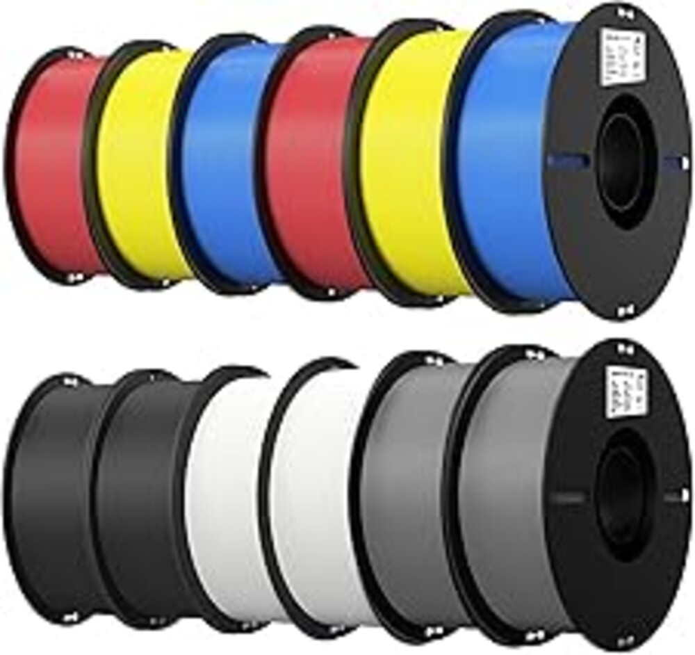 Creality 12 Pack PLA 1.75mm Filament Bundle for 3D Printing with No-Tangling Strong Bonding and Overhang Performance, Accuracy +/- 0.02mm (Black,White,Grey,Blue,Red,Yellow)