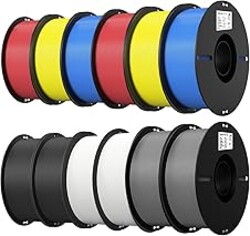 Creality 12 Pack PLA 1.75mm Filament Bundle for 3D Printing with No-Tangling Strong Bonding and Overhang Performance, Accuracy +/- 0.02mm (Black,White,Grey,Blue,Red,Yellow)