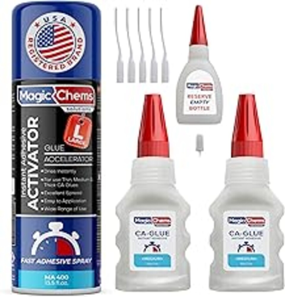CA Glue with Activator (2 x 1.7 oz + 13.5 fl oz Activator), Cyanoacrylate Adhesive for 3D Printing & Acrylic, Strong Bond Super Glue Accelerator Set (1 Pack)