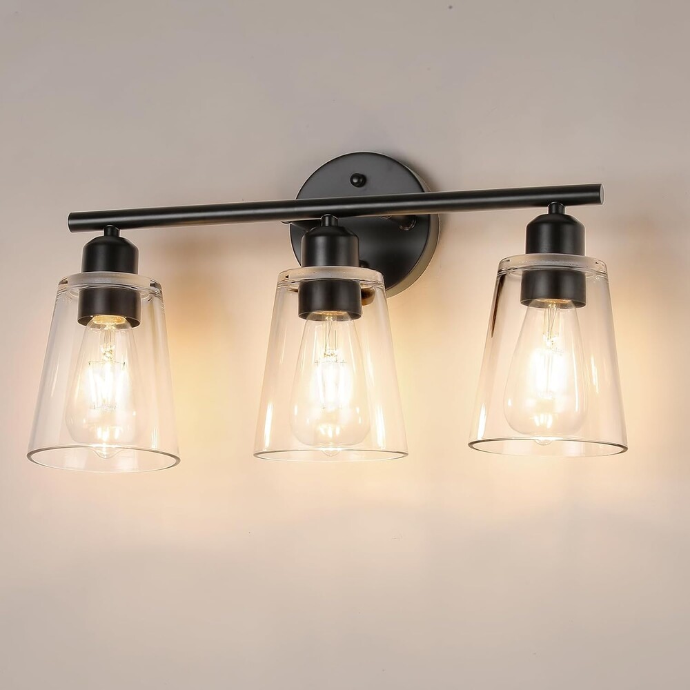 TALOYA 3-Light Vanity Lights for Bathroom, 19 Inch Matte Black Bathroom Light Fixtures Over Mirror, with Thickend Clear Glass Shade, Modern Wall Sconces for Kitchen Bathroom