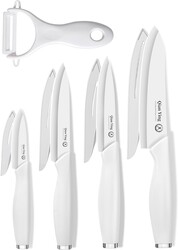 Pure Strengthening Ceramic Knife Set for Kitchen with Sheath 9Pcs: 100% Zirconia Ceramic Sharp Blade Fruit Cutting Knives with Cover Rustproof Clean Cut Edge White Handle