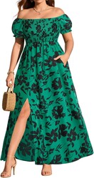 Plus Size Summer Dresses - Boho Casual Off Shoulder Floral Long Maxi Dress with Pockets