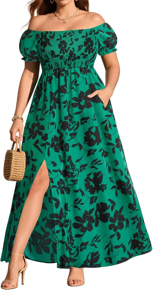Plus Size Summer Dresses - Boho Casual Off Shoulder Floral Long Maxi Dress with Pockets