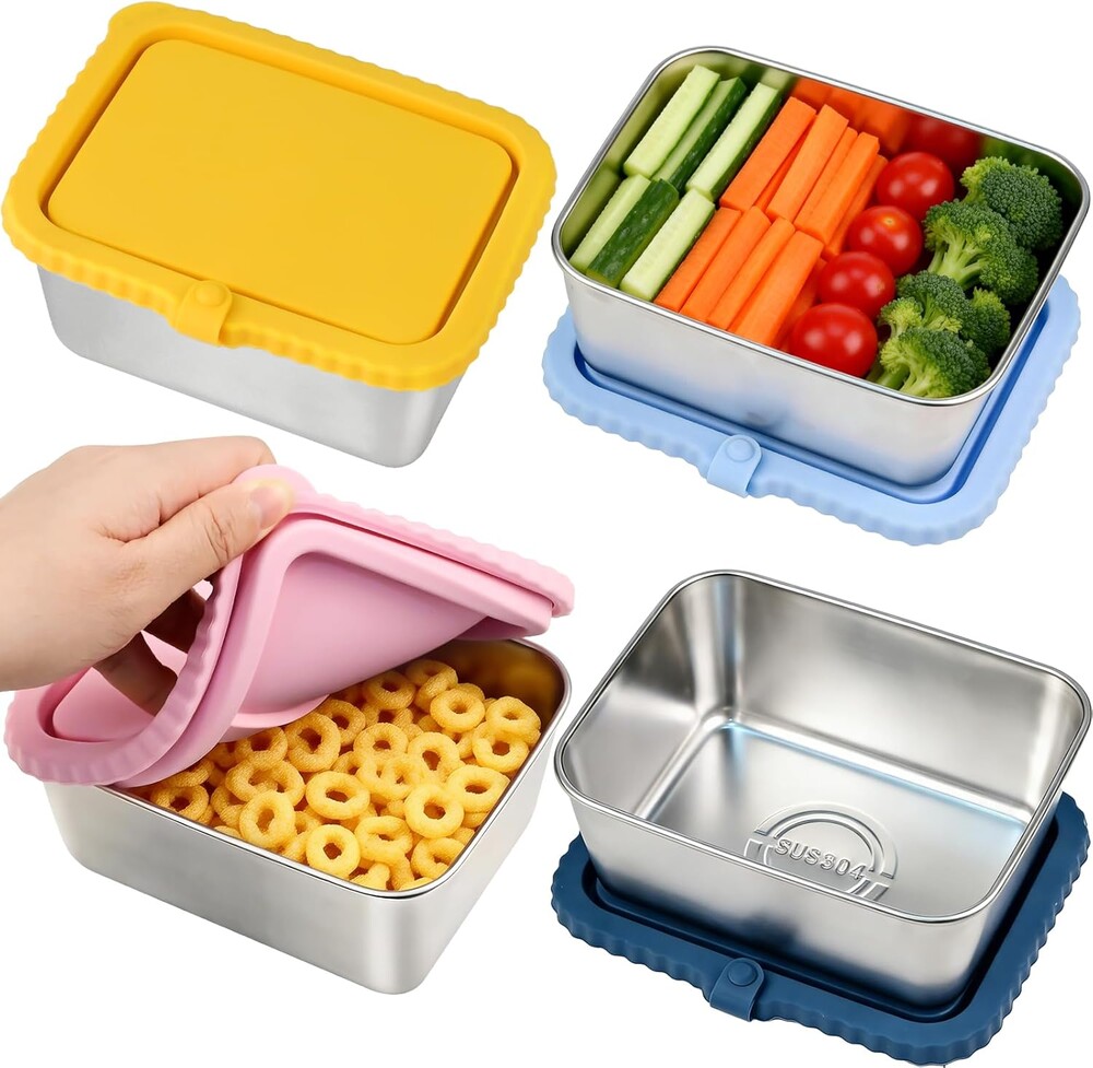 4 Pack Large Stainless Steel Snack Containers with Silicone Lids, 20oz Reusable Food Storage Meal Prep Containers for Office Travel Picnic On-the-Go, Leakproof Stackable Metal Lunch Box