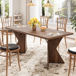 GarveeHome 70.9'' Dining Table for 6, Farmhouse Rectangular Kichen Table with Sturdy Frame and “V” Leg, Wooden Thickened Long Desk and Dinner Desk for Dining Room, Kitchen, Office, Game Room(Retro)