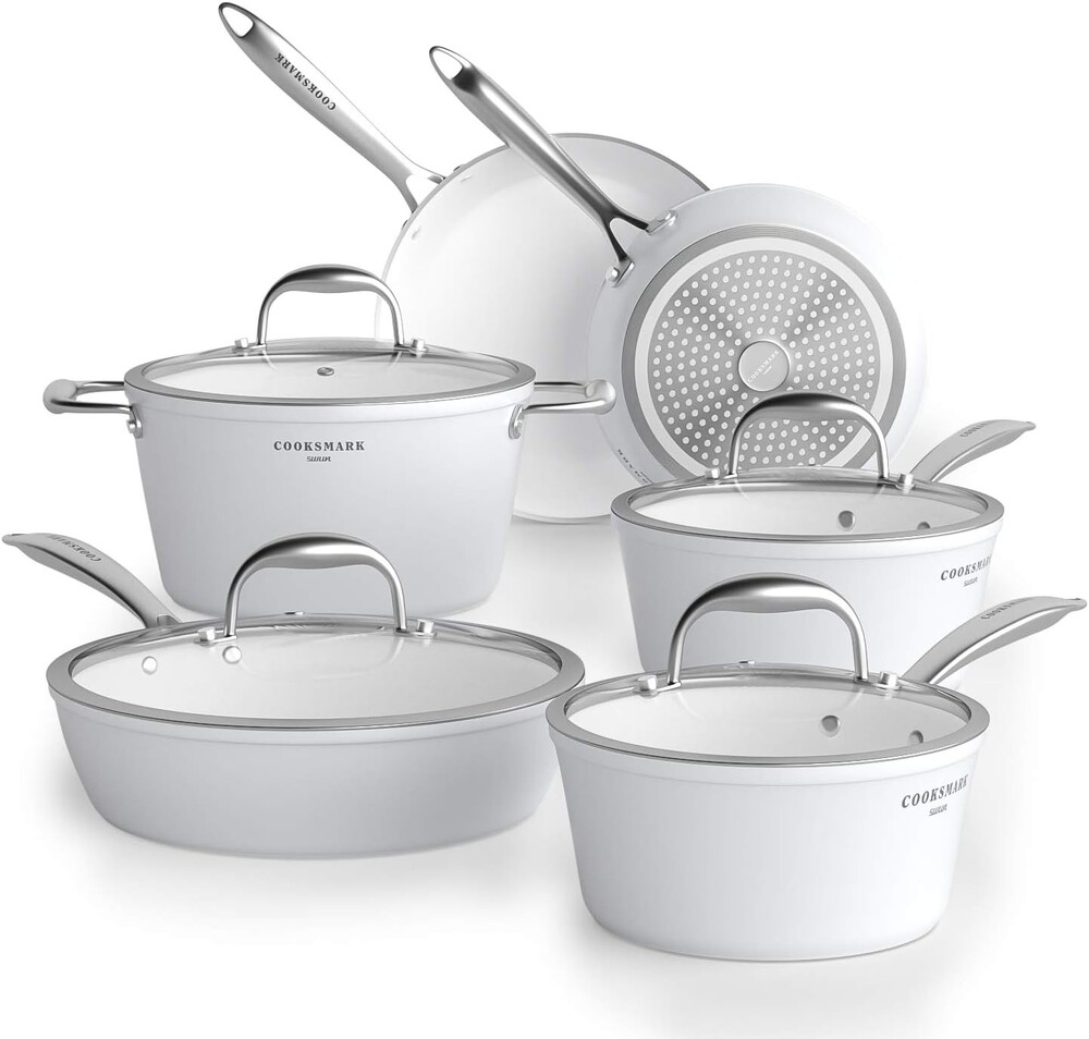 Nonstick Ceramic Cookware Set, Induction & Dishwasher Safe Scratch-Resistant Pots and Pans Set with Glass Lids 10 Pieces, White