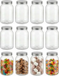 novelinks 32 oz Plastic Mason Storage Jars with Lids, 12 Pack BPA-Free Clear Plastic Jars with Lids 32oz, Leak-Proof Plastic Quart Containers for Kitchen and Home Use (Silver)