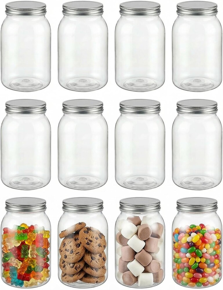 novelinks 32 oz Plastic Mason Storage Jars with Lids, 12 Pack BPA-Free Clear Plastic Jars with Lids 32oz, Leak-Proof Plastic Quart Containers for Kitchen and Home Use (Silver)