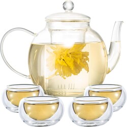 Wlasss Glass Teapot Set with 4 Teacups, 1500 ml/50 oz Tea Pot with Infusers for Loose Tea and Flower Tea, Stovetop and Microwave Safe Borosilicate Glass Tea Kettle, Tea Gift Sets for Christmas