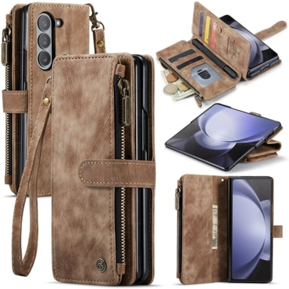 TECH CIRCLE Zipper Wallet Case for Galaxy Z Fold 5 7.6", Premium PU Leather Flip Folio Magnetic Case with Wrist Hand Strap Card Slots Kickstand Protective Case for Samsung Galaxy Z Fold 5 2023, Brown