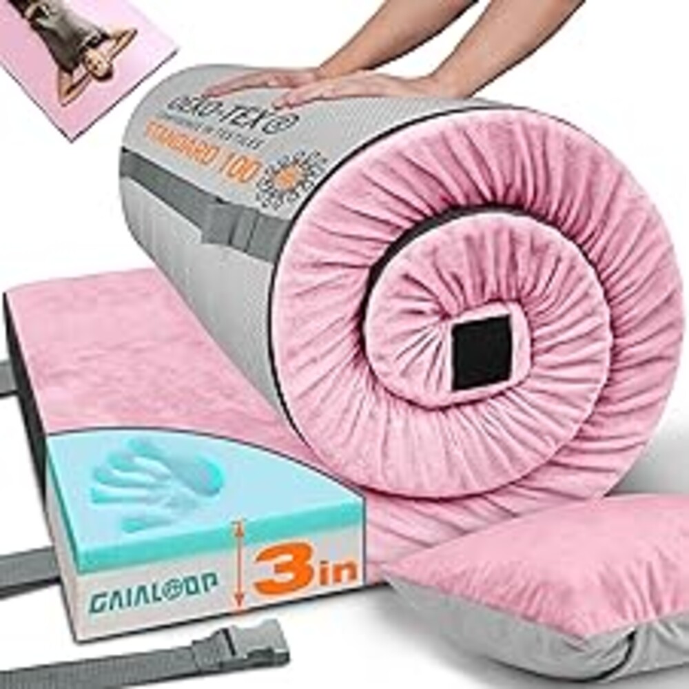 GAIALOOP 3 Inch Memory Foam Camping Mattress, Dual Layer Thick Sleeping Camp Pad for Car Tent Cot, Roll-Up Portable Glamping Floor Bed for Guests Sleepover