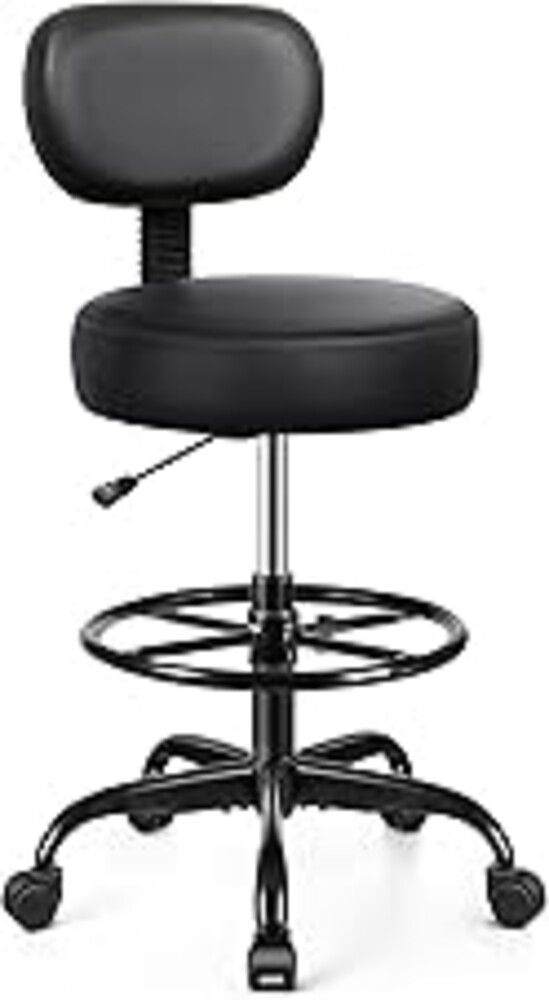 Brick Attic Drafting Chair with Backrest – Adjustable Foot Rest Rolling Stool with Wheels, PU Leather Swivel Stool for Office Spa Studio Lab Counter Salon Home Work Bar Kitchen Shop(Black)