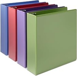 Amazon Basics 3 Ring Binder, 2 inch Round Rings, Holds 375 Sheets, Two Interior Pockets, Assorted Colors, 4-Pack