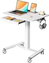 JYLH JOYSEEKER Mobile Standing Desk with Drawer, 28" Rolling Desk with Cup Holder and Hooks, Portable Laptop Cart on Wheels, Height Adjustable Workstation with Storage for Home Office, White